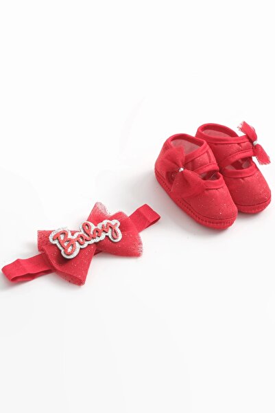LOGO AKSESUAR 0-3 Months Red Lace Glitter Baby Bandana and Booties Set