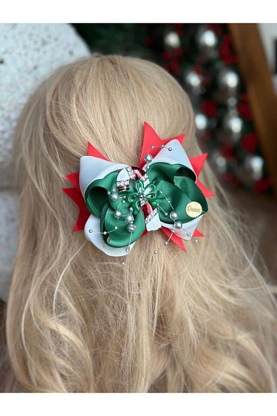 QUEEN AKSESUAR Luxury Design - Christmas Buckle with Brooch Layered Bow Detail, Large Metal Cane Candy Design