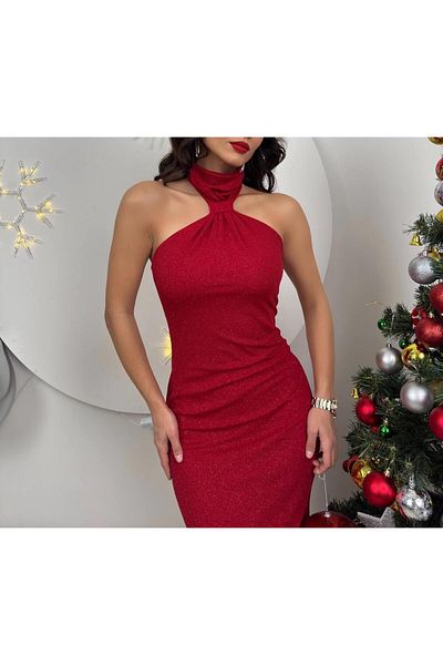 Glysso Custom Design Sparkly Glittering Halter Neckline Red Wedding Party Invitation Maxi Dress