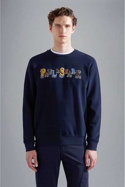 PAUL&SHARK Men's Blue Sweatshirt - Crew Neck, Multicolor Embroidery Pattern, Cotton, Long Sleeve 1431183