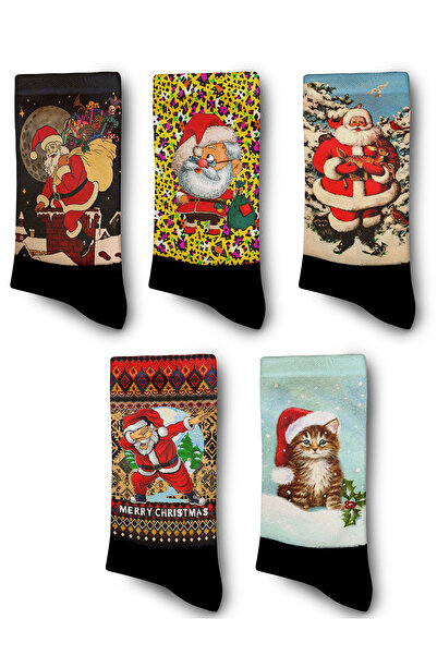 Genel Markalar 5li Kutulu Yılbaşı Noel Baba ve Kedicik Seti Çorap -Unisex