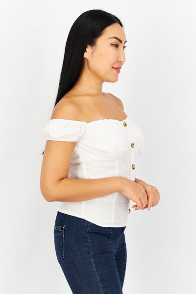 NA-KD Women Off Shoulder Short Sleeves Textured Top, Optical Whit