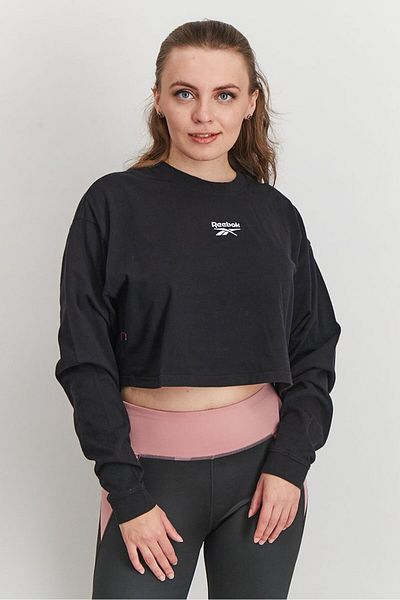Reebok بلوزة قصيرة رياضية نسائية بأكمام طويلة مناسبة للأنشطة الخارجية، باللون الأسود