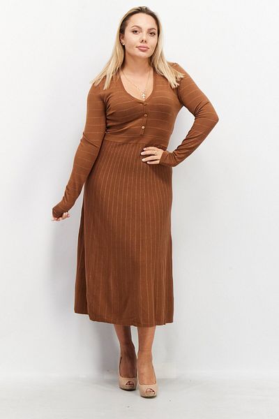 Esprit Women V-neck Long Sleeve Stripe Midi Dress, Brown