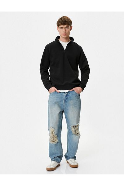 Koton Sweatshirt mit halbem Reißverschluss, Basic-Stehkragen, gerippt, lange Ärmel