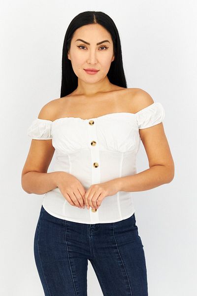 NA-KD Women Off Shoulder Short Sleeves Textured Top, Optical Whit