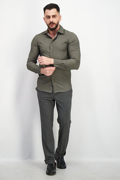 Kenneth Cole Men Regular Fit Pointed Collar Long Sleeves Textured Casual Shirt, Olive