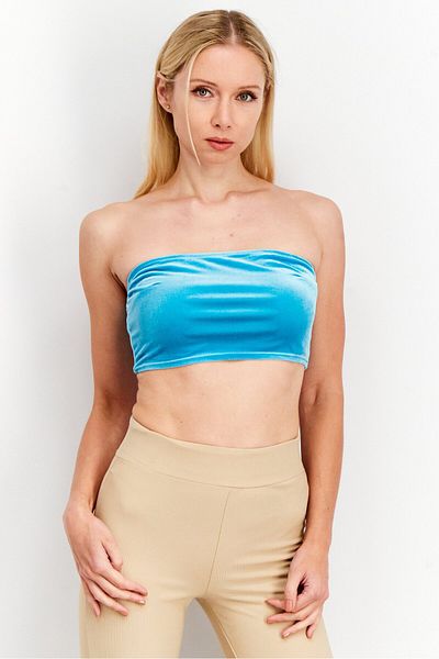 NA-KD Women Straight Across Neck Strapless Velour Bandeau Top, Blue