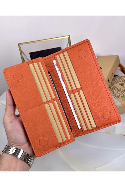 Fil Deri With Phone Compartment - Genuine Leather Wallet - with Magnet and Hand Tape - Orange Color Large Portfolio 2028