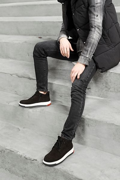 GÖNDERİ(R) BLACK NUBUCK Gön Γνήσιο δέρμα με στρογγυλά δάχτυλα με κορδόνια και φερμουάρ Casual ανδρικές μπότες 01532