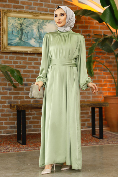 Nursima 6372 Kuşaklı Saten Tesettür Abiye Elbise