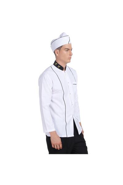 Makara سترة الطباخ بيضاء طويلة الأكمام مع شوكة ذهبية وسكين مقبلات