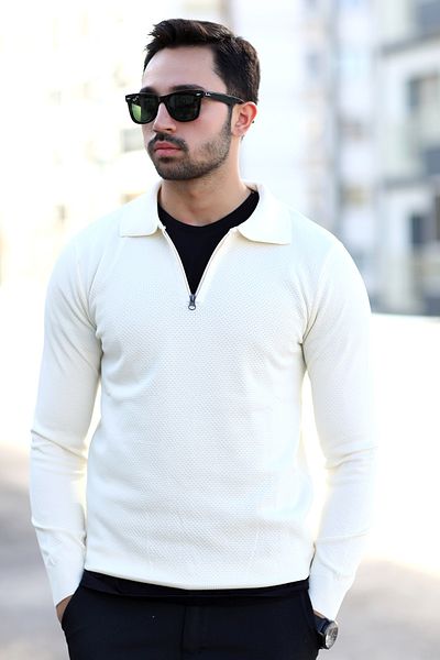 JB John Borners Men's White Polo Neck Sweater - 100% Micro Flament, Half Zip, Rib - 1065