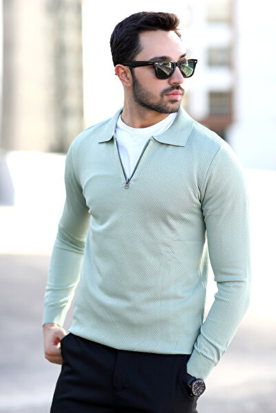 JB John Borners Light Green Men's Polo Collar Sweater - Half Zipper, 100% Mic...