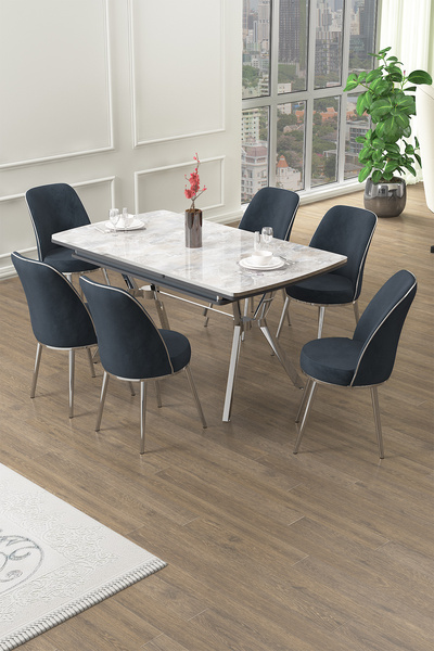 Canisa Poy Serisi 89x150 Açılabilir Lak Panel Rampla Gri Krom Ayak Masa Takımı ve 6 Antrasit Sandalye