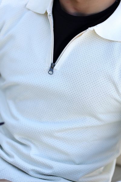 JB John Borners Men's White Polo Neck Sweater - 100% Micro Flament, Half Zip, Rib - 1065