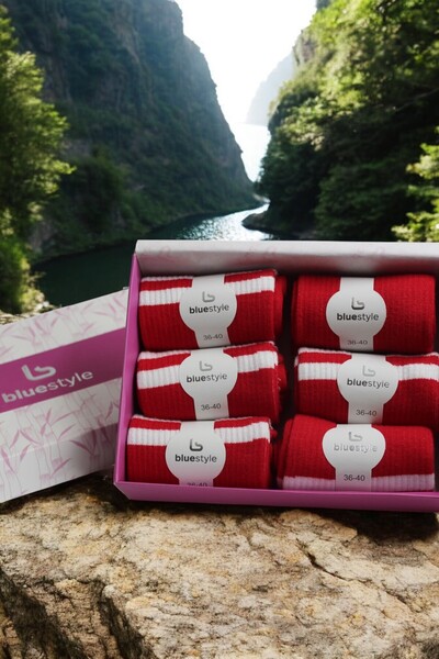 Blue Style Kadın Bambu Kırmızı Tenis Çorap 6'lı