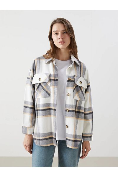 LC Waikiki Cămașă de lemn oversize pentru femei LCW Comfort, în carouri, gri