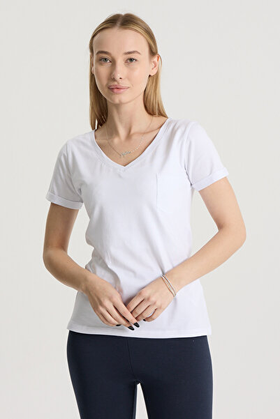 Perché Women's Regular Fit Sleeve Folded V Neck Pocket T-Shirt