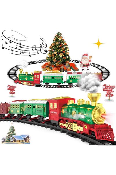 İnternet Oyuncak Şarjlı Yılbaşı Noel Büyük Klasik Tren Seti (177 x 118 CM) - Buharlı Sesli ve Işıklı