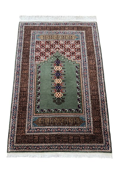 BURAK HALI El Dokuma Bünyan Halısı Seccade 92x140 Yeşil Kufi Yazılı Yün Namazlık