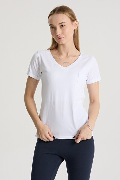 Perché Women's Regular Fit Sleeve Folded V Neck Pocket T-Shirt