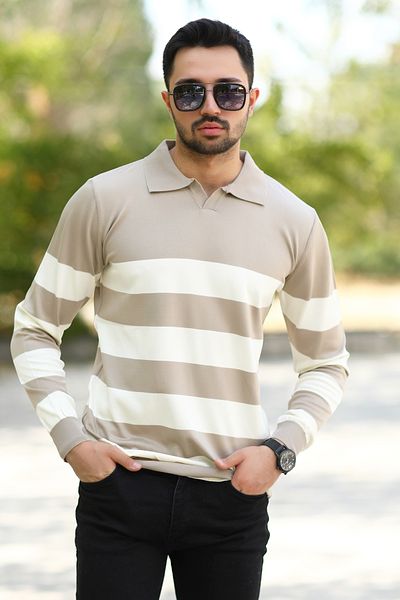 JB John Borners Men's Mink-White Striped Polo Sweatshirt - 100% Flament Knitwear, Ribbed - 1420