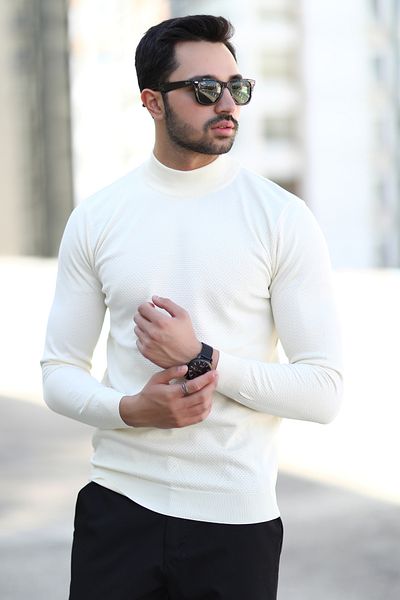 JB John Borners Men's Half Turtleneck Sweater White Rice Knit 100% Micro Flame Knitwear - 1045
