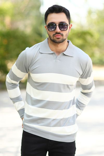 JB John Borners Men's Grey-White Striped Polo Collar Sweatshirt - 100% Flament, Ribbed - 1420