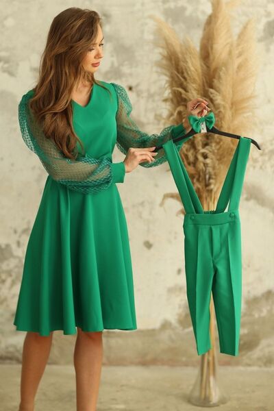 KÜÇÜĞÜM BUTİK Yeşil File Kollu Kloş Elbise Anne Erkek Kombini (TEKLİ SATILMAK...