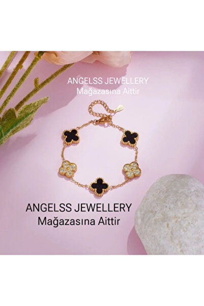 ANGELSS JEWELLERY Black Gold Zircon Stone Clover Bracelet (Clover Model Stone...