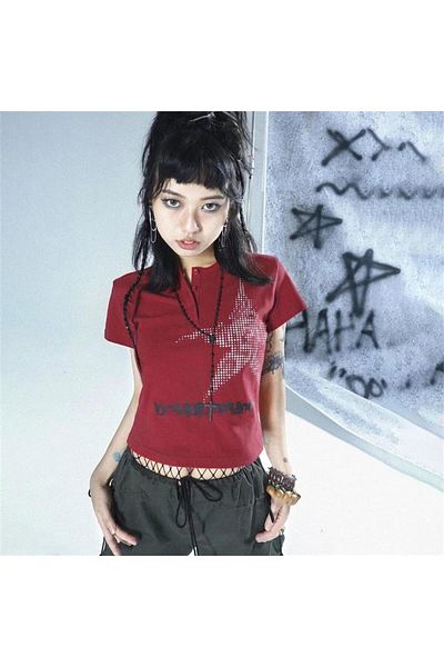 Karakedi Red Harajuku Star Punch Red Y2K Short Sleeve Crop