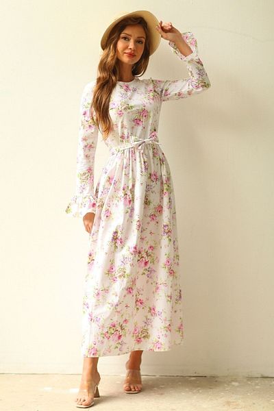 KÜÇÜĞÜM BUTİK Hijab Λευκό Φόντο Ροζ Μωβ Floral Φόρεμα (TESETTUR)