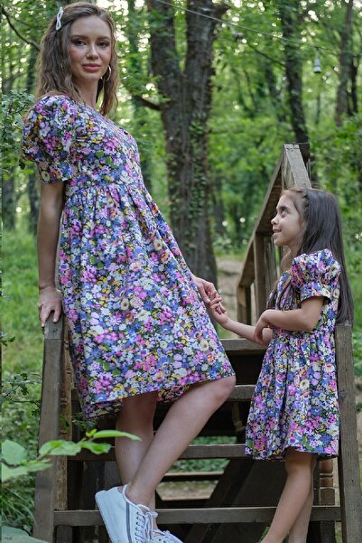 KÜÇÜĞÜM BUTİK Lila Çok Çiçekli Karpuz Kol Anne Kız Çocuk  Kombini (ANNE VE ÇO...