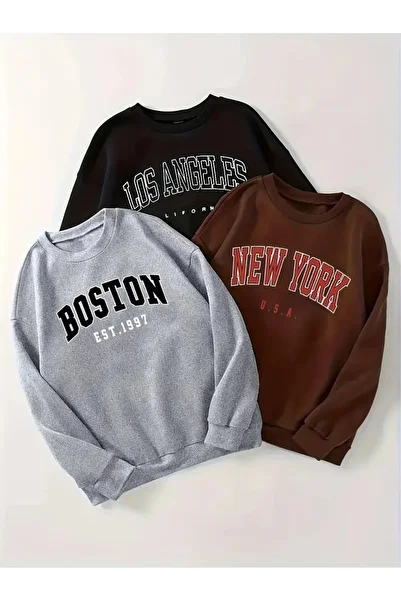 QUEENSTOWN Unisex μονόχρωμο σετ 3 φούτερ μεγάλου μεγέθους Oversize Crew Neck