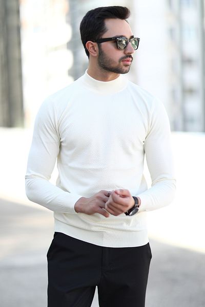JB John Borners Men's Half Turtleneck Sweater White Rice Knit 100% Micro Flame Knitwear - 1045