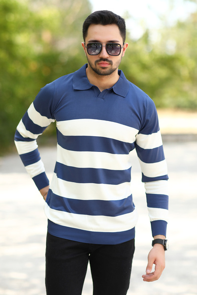 JB John Borners Світло-синій поло з білими смужками та коміром-стійкою - 100% фламентовий трикотаж, з ребристими манжетами - 1420