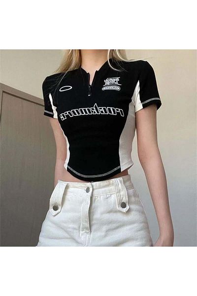 Karakedi Rockmore Black Half T-Shirt with Half Zipper and White Stripes