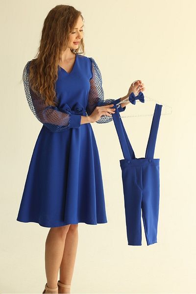 KÜÇÜĞÜM BUTİK Rochie evazată cu mâneci din plasă albastră Design pentru bărbați pentru mama (MAMA ȘI COPILUL SE ADĂUGĂ ÎN COȘ SEPARAT)