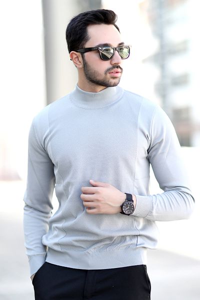 JB John Borners Men's Half Turtleneck Sweater Gray Rice Knitted 100% Micro Flame Ribbed - 1047