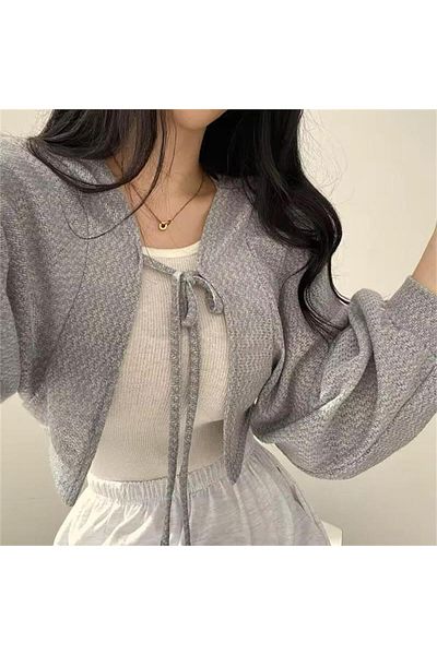 Karakedi Gray Balloon Sleeve Lace-Up Bolero Cardigan