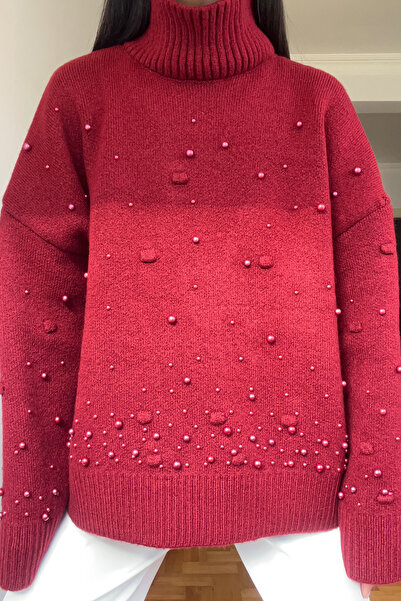 Seda Yalçın Atelier Pulover din tricotaje de pescar cu jumătate de perlă burgundă