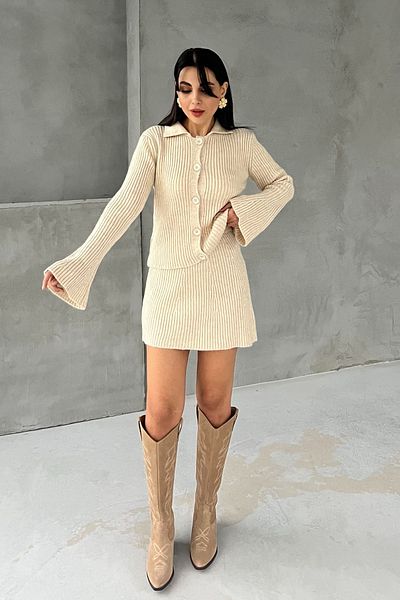 Seda Yalçın Atelier Cream Spanish Sleeve Cardigan and Skirt Knitwear Set