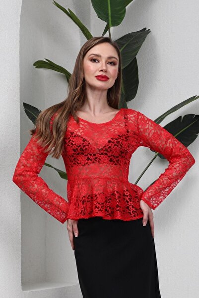 KÜÇÜĞÜM BUTİK Bluză roșie din dantelă cu volane