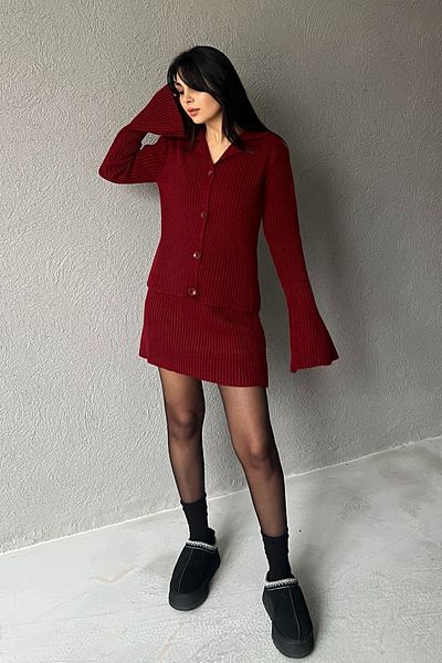 Seda Yalçın Atelier Burgundy Spanish Sleeve Cardigan and Skirt Knitwear Set