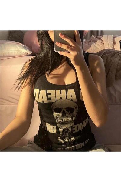 Karakedi Siyah Gotik Harajuku Crop cu bretele Go Ahead Make My Day Y2K