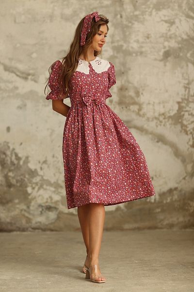 KÜÇÜĞÜM BUTİK Vintage Scallop gallér bordó virágos poplin ruha