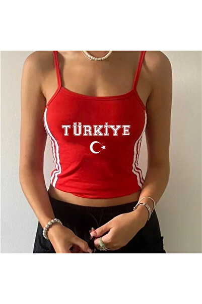 Karakedi Kırmızı Beyaz Şeritli Türkiye Ay Yıldız Y2K Askılı Crop