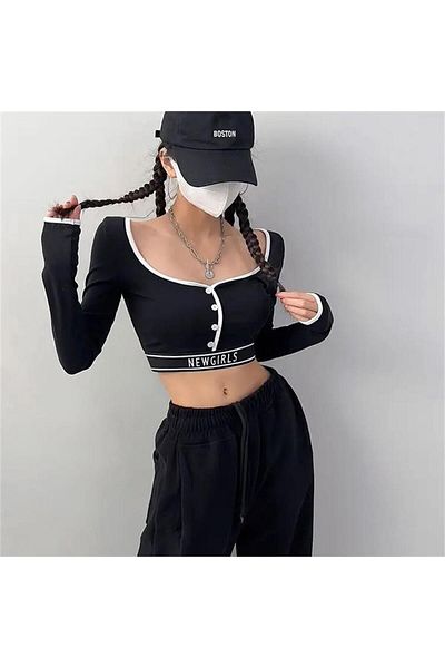 Karakedi Newgirls Long Sleeve Crop with Black Button and White Stripe