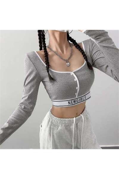Karakedi Gray Melange Buttoned White Stripe Newgirls Long Sleeve Crop